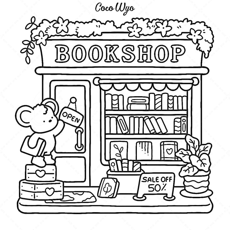 a black and white drawing of a book shop