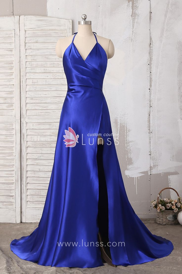 The sleeveless halter bodice, made of soft stretch satin, has a V neckline with a flirty bow that ties in back and hangs down over the open back. The asymmetric slit on the left front of it will add elegant, romantic flair to your next party. Royal Blue Satin Dress, Military Ball Dress, Silk Long Dress, Back Dresses, Paris Pictures, Military Ball, Open Back Dresses, Blue V, Stretch Satin