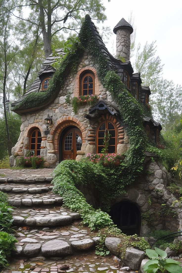 a stone house with ivy growing on it's roof and steps leading up to the entrance