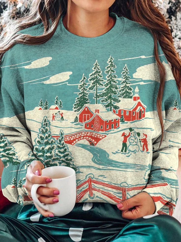 Vintage Winter Christmas Print Round Neck Long Sleeve Top,Come to wonderclosets to Find your Favorite. Christmaas Gifts, Christmas Vintage Sweater, Christmas Clothing Ideas, Holiday Sweatshirts, Vintage Christmas Shirt, Vintage Christmas Sweater, Round Neck Long Sleeve Top, Vintage Christmas Sweaters, Winter Print