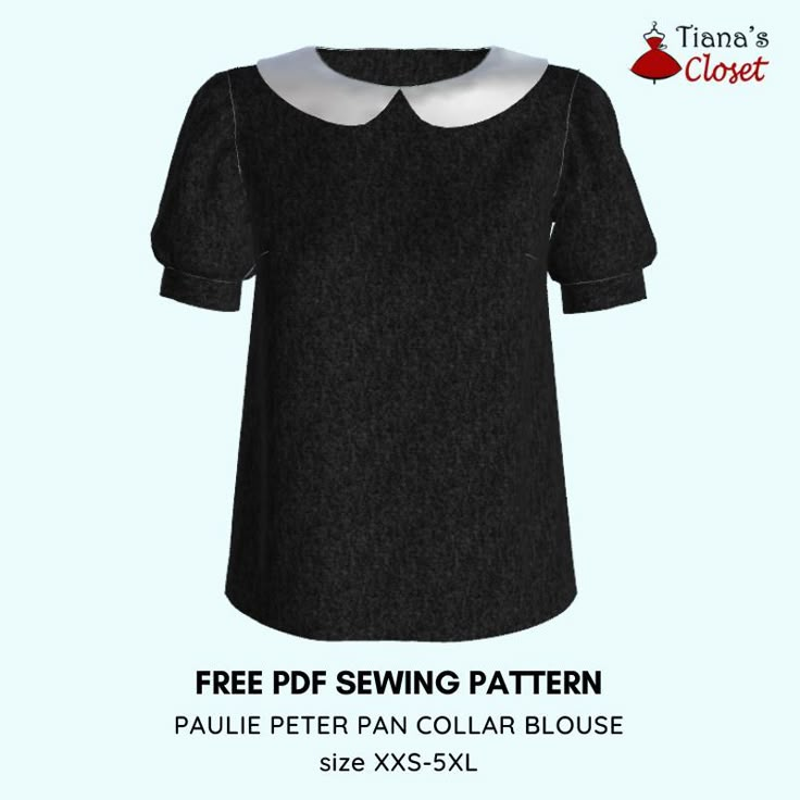 a black shirt with white collar on it and the words free sewing pattern in front