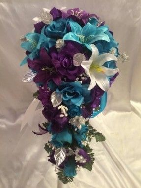 wedding bouquets with blue, white and purple flowers are shown in three different pictures