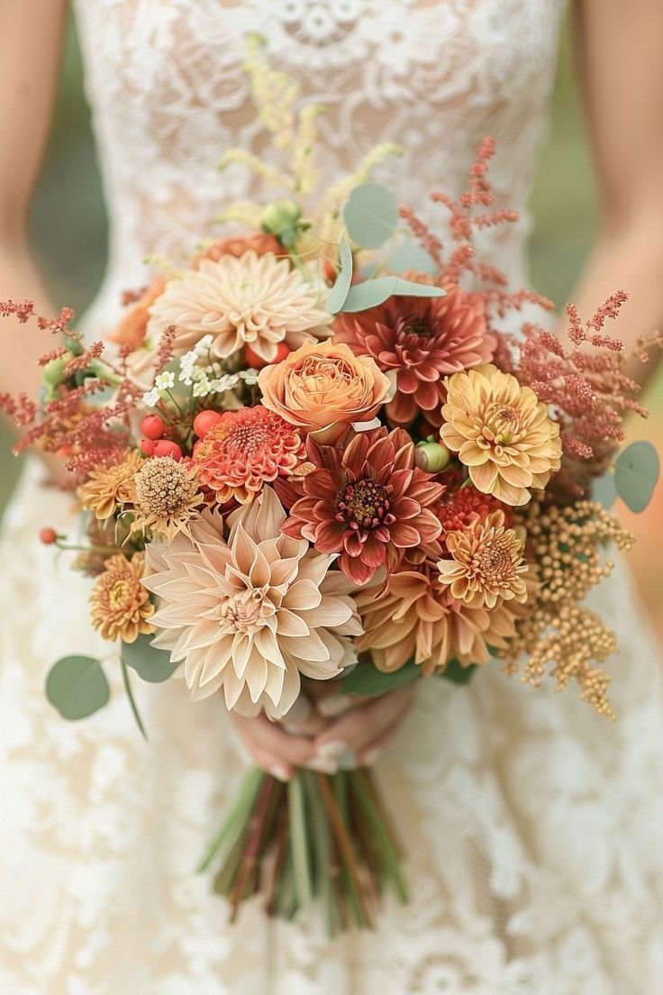 a bride holding a bouquet of flowers in her hands