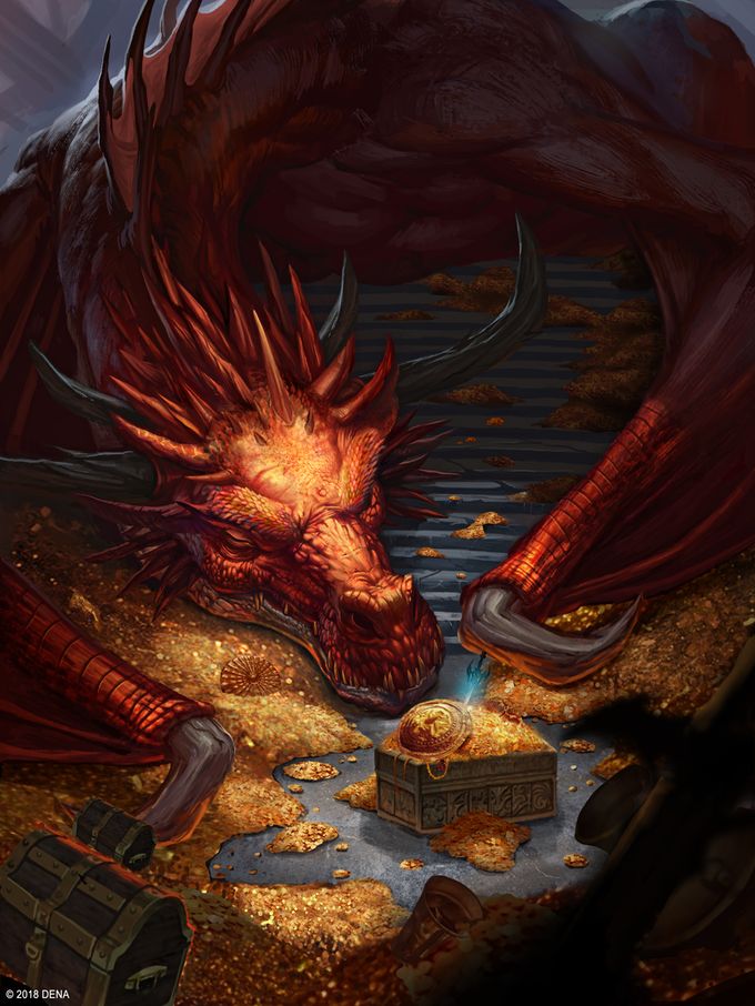 a red dragon sitting on top of a pile of gold