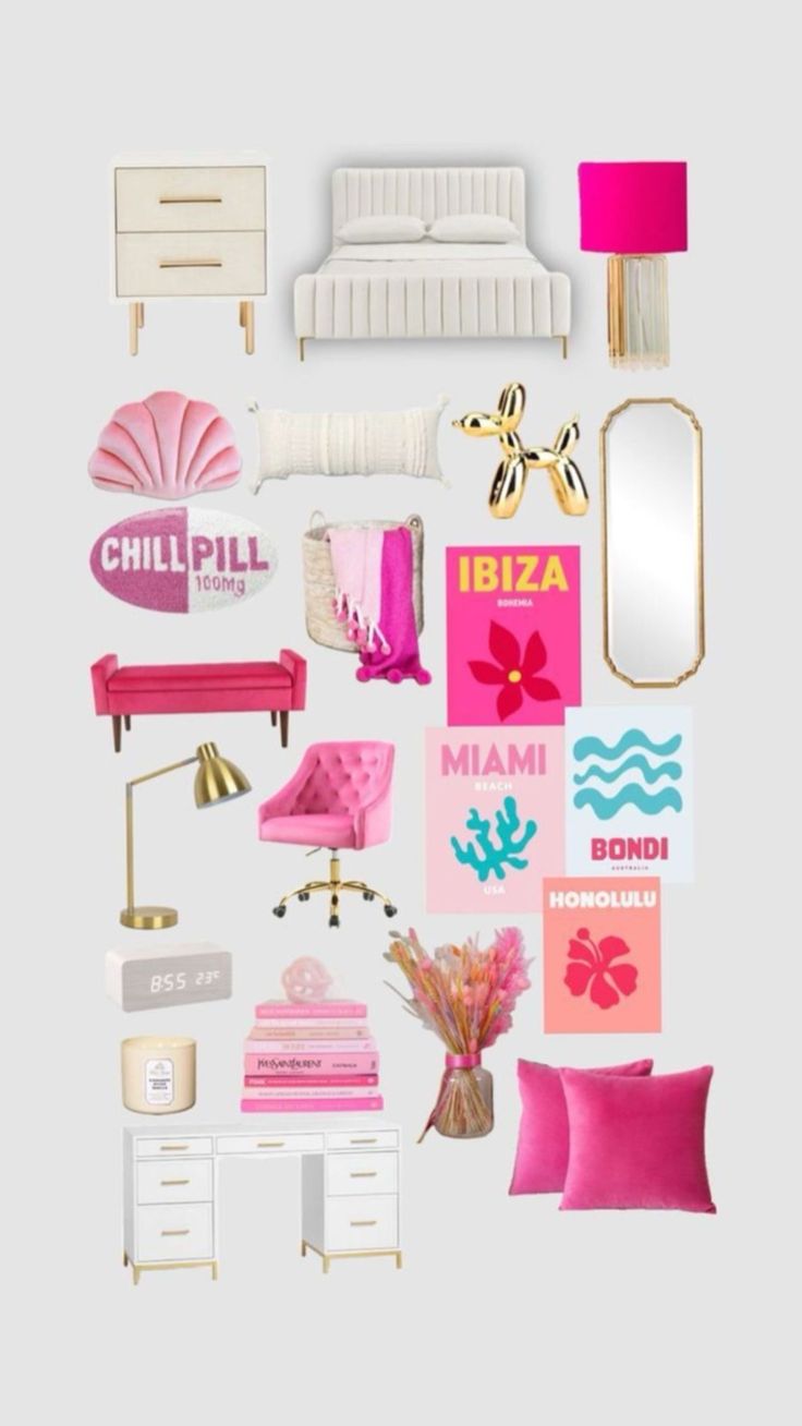 a collage of pink and white furniture, bedding, mirror, lamp, dressers and other items