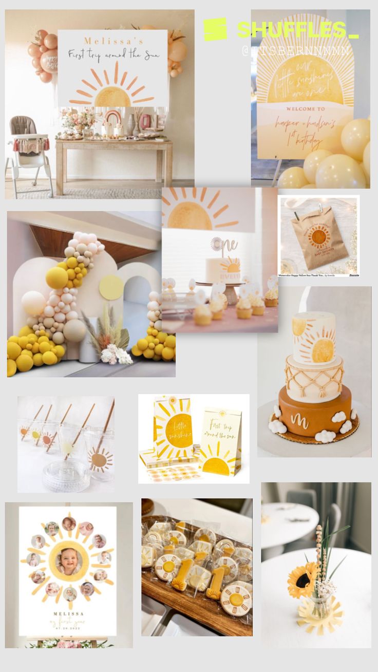 a collage of photos with yellow and white items on them, including cake, sunbursts, flowers, candles, napkins