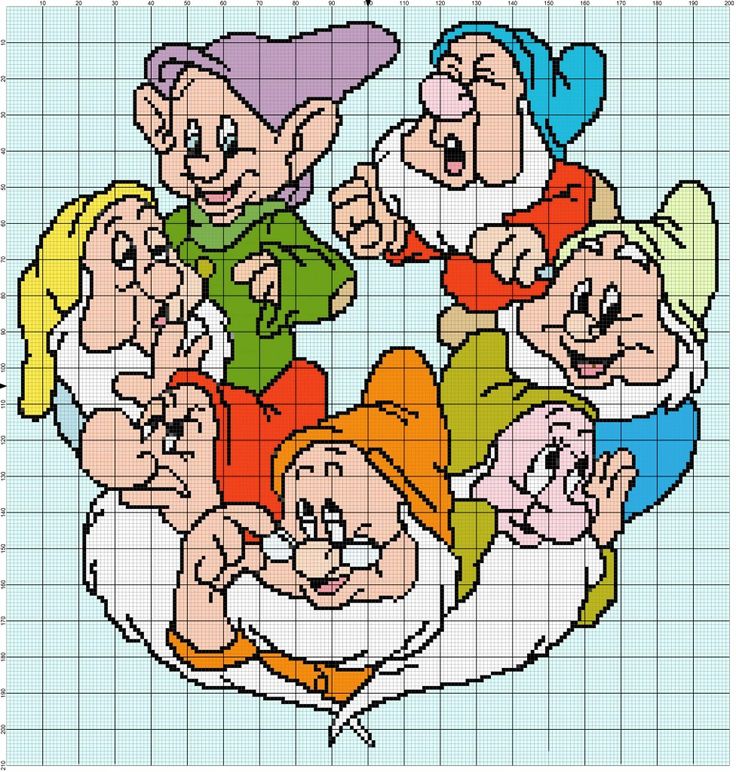 a group of cartoon characters are depicted on a cross - stitch pattern with squares in the background