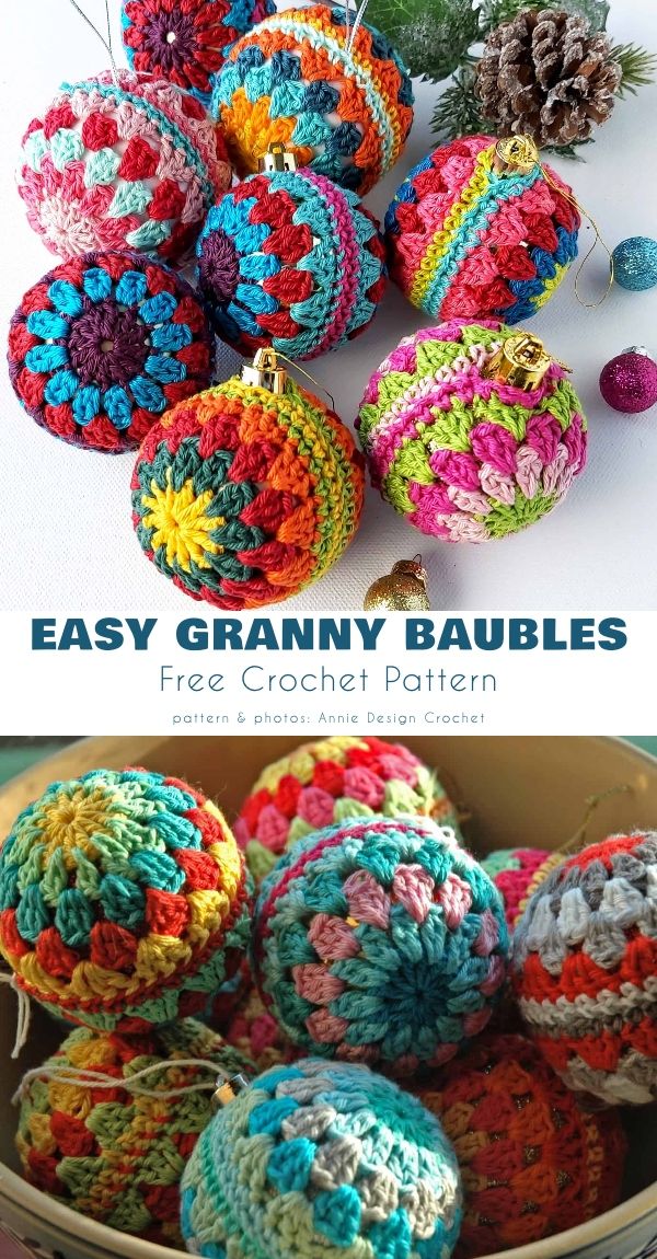 crochet christmas granny baubles are in a basket