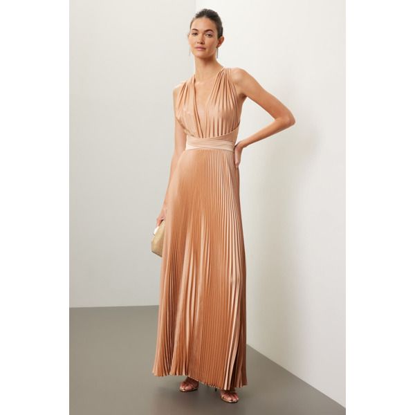 Gold (100% Polyester). Gown. Plunge neck. Back zipper closure. 55" from shoulder to hemline. Imported. Pleated V-neck Dress For Gala, V-neck Maxi Dress With Pleated Back For Gala, Fitted Pleated V-neck Dress For Evening, Pleated V-neck Gown For Party, Pleated V-neck Maxi Dress For Formal Events, Pleated V-neck Maxi Dress For Gala, Formal V-neck Dress With Pleated Back, V-neck Evening Maxi Dress With Pleated Back, V-neck Pleated Back Maxi Dress For Evening