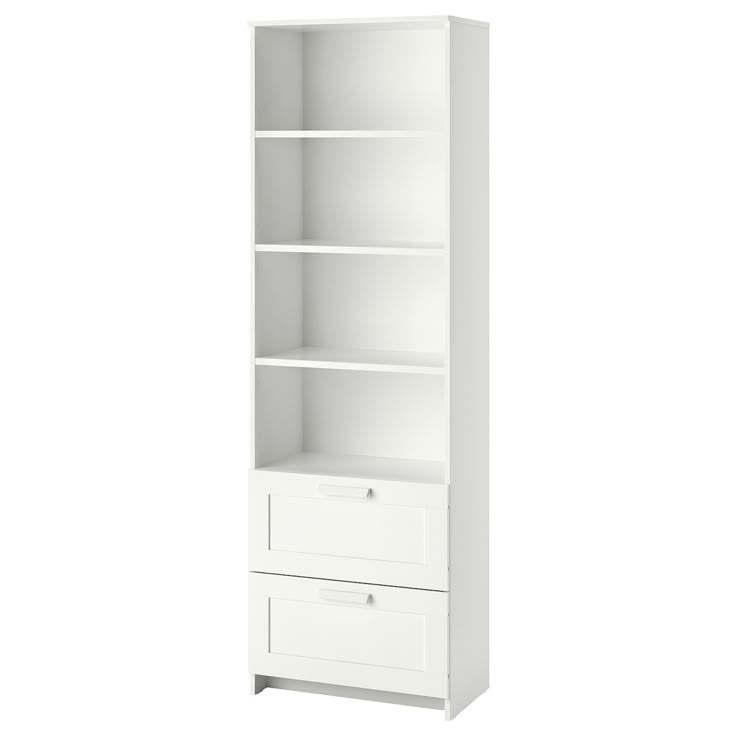 a white bookcase with two drawers on the bottom and one drawer in the middle