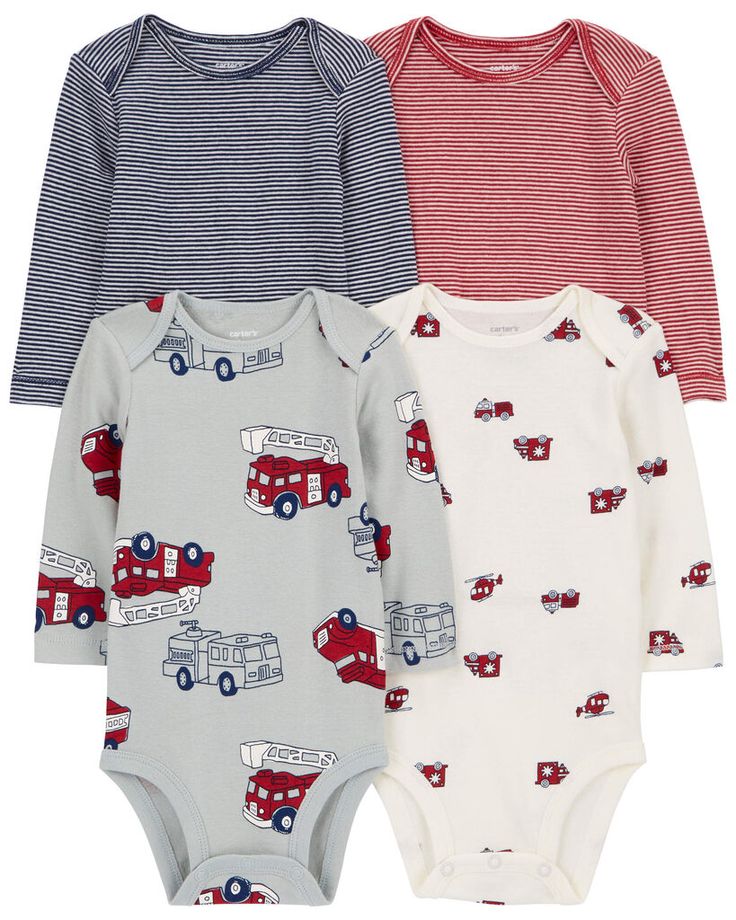 Crafted in soft cotton with four in one pack, these long-sleeve bodysuits are complete with colorful prints. Preemie Boy Clothes, Baby Boy Stuff, Preemie Boy, Carters Baby Boys, Boy Onesie, Carters Baby, Fire Truck, Baby Boy Newborn, Shop Clothing