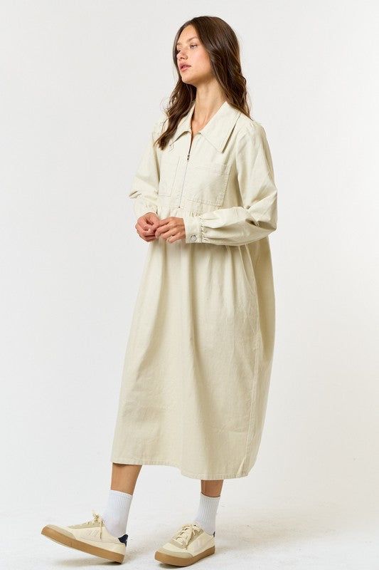 Ivory Denim Utility Dress Front Zip Side Pockets Midi Length 100% Cotton Spring Cotton Midi Shirt Dress, Beige Spring Dresses With Pockets, White Cotton Midi Dress For Fall, Beige Cotton Dress For Fall, Beige Dress With Pockets For Fall, Fall Beige Dresses With Pockets, Spring Cotton Shirt Dress With Pockets, Cotton Midi Dress With Pockets For Fall, Spring Beige Midi Dress With Pockets