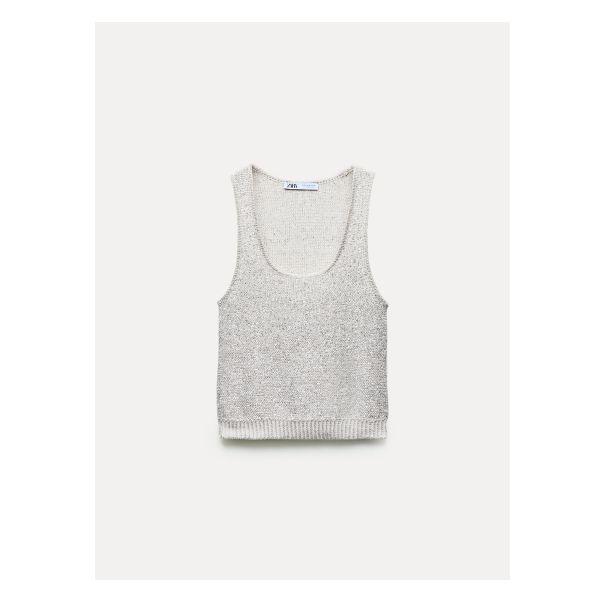 Round neck tank top. Sequin appliqués. Trendy Knit Tank Vest Top, Chic Knit Top With Scoop Neck, Trendy Zara Cotton Tank Top, Sleeveless Cotton Tops By Zara, Zara Cotton Sleeveless Tops, Zara Sleeveless Cotton Tops, Chic Zara Cotton Tank Top, Zara Tank Top Vest, Casual Zara Cotton Tank Top