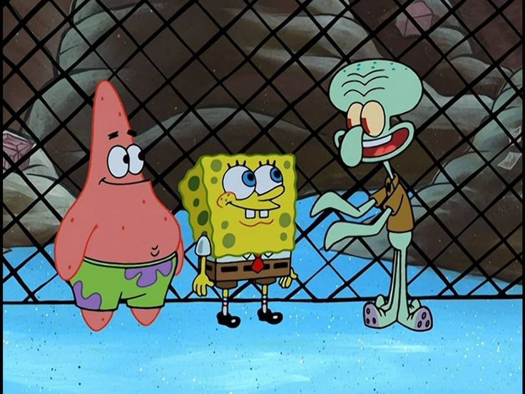 spongebob and patrick in front of a chain link fence with another character behind it