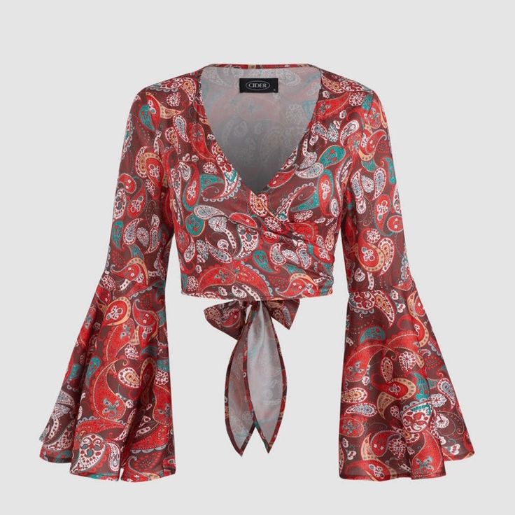 Brand: Cider Size: M Color: Red/Multi Material: 100% Polyester Never Worn, Nwt Bell Sleeves And Wrap Around Tie Ribbon Red Floral Print Tops For Party, Red Printed Party Blouse, Red Printed Party Tops, Long Sleeve Kimono, Estilo Hippie, Look Retro, Bohemian Blouses, Wrap Crop Tops, Wrap Shirt