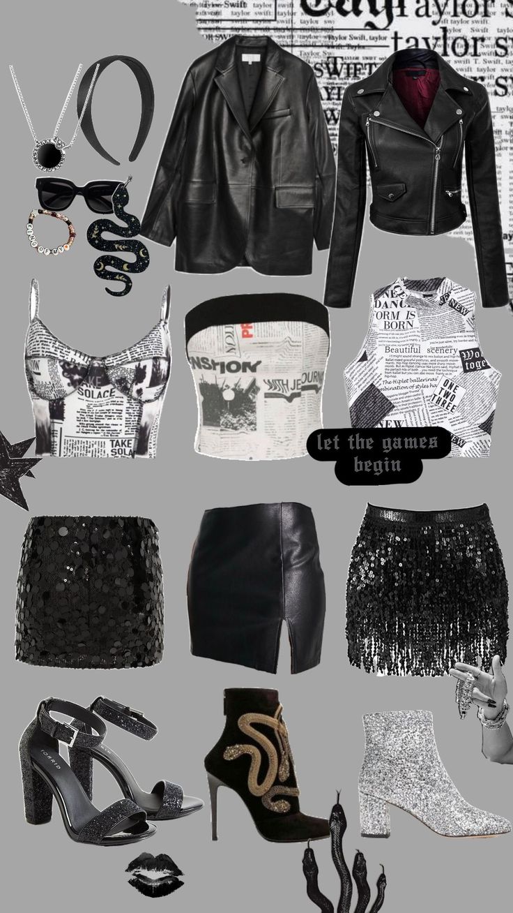 a collage of black and white clothes, shoes, and accessories with words written on them