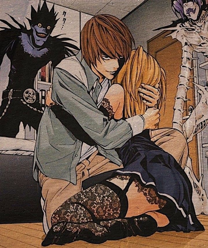 an anime scene with two people hugging each other and skeletons in the room behind them