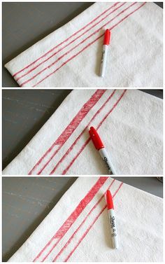 three pictures of red and white fabric with markers on them