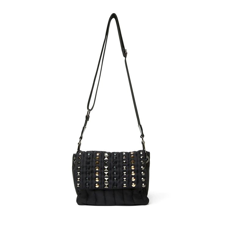 Our signature Bar Bag gets some added glam, rocker style! Shades of metallic studs mix to create our unique couture placement for a bag of distinction…perfect for Bar hopping! The lady-like power bag that is full of punch, chic and sophisticated for all day and all night. Carry this bag your way with 3 handle options to wear a variety of ways: faux leather hard handle, thick chain handle, adjustable crossbody strap. All detachable to wear solo or mixed or go bare as a clutch. 3 detachable handle Party Leather Shoulder Bag With Metal Hardware, Chic Studded Shoulder Bag, Chic Studded Shoulder Bag For Party, Chic Party Shoulder Bag With Studs, Chic Shoulder Flap Bag With Gunmetal Hardware, Chic Flap Shoulder Bag With Gunmetal Hardware, Studded Leather Party Bag, Evening Shoulder Bag With Studs, Leather Party Bag With Studs