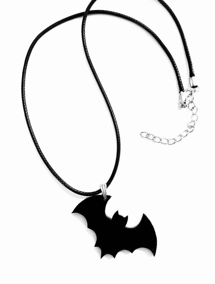 Bat design pendant. Laser cut from 3mm black acrylic. Attached to a black waxed polyester twisted necklace. Necklace length is 18, 20 or 22 inches. Size of acrylic pendant is approx. 35mm. Black Pendant Necklace For Halloween, Trendy Black Jewelry With Adjustable Cord, Adjustable Black Necklace For Halloween, Black Resin Pendant Jewelry, Black Necklace With Adjustable Cord As Gift, Trendy Black Pendant Necklace, Bacardi Black, Twisted Necklace, Bat Necklace