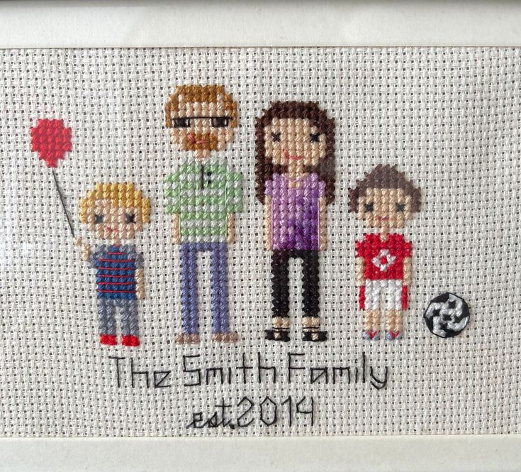 a cross stitch family portrait is shown