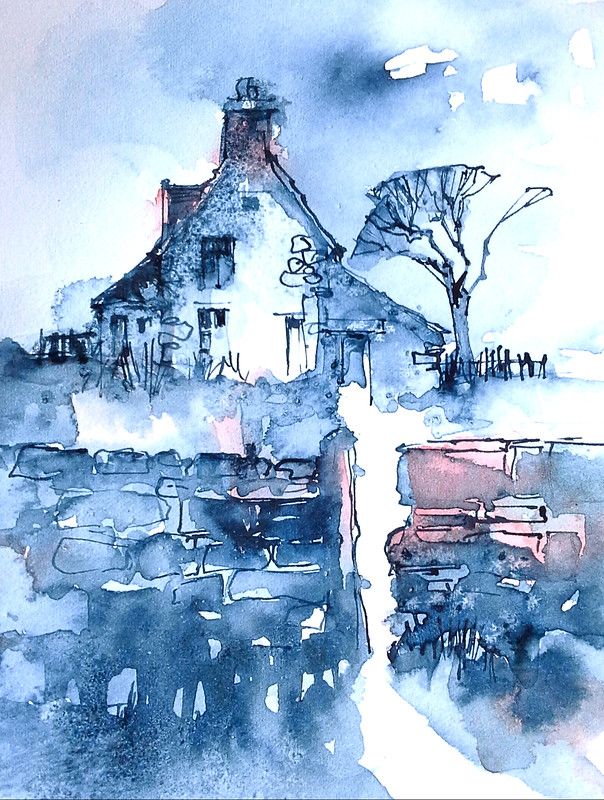 a watercolor painting of a house and trees