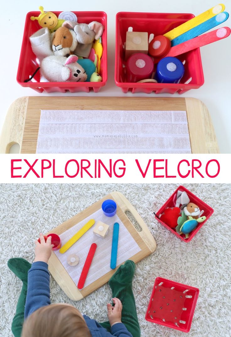 a toddler is playing with toys on the floor and in front of an open box that says exploring velcro