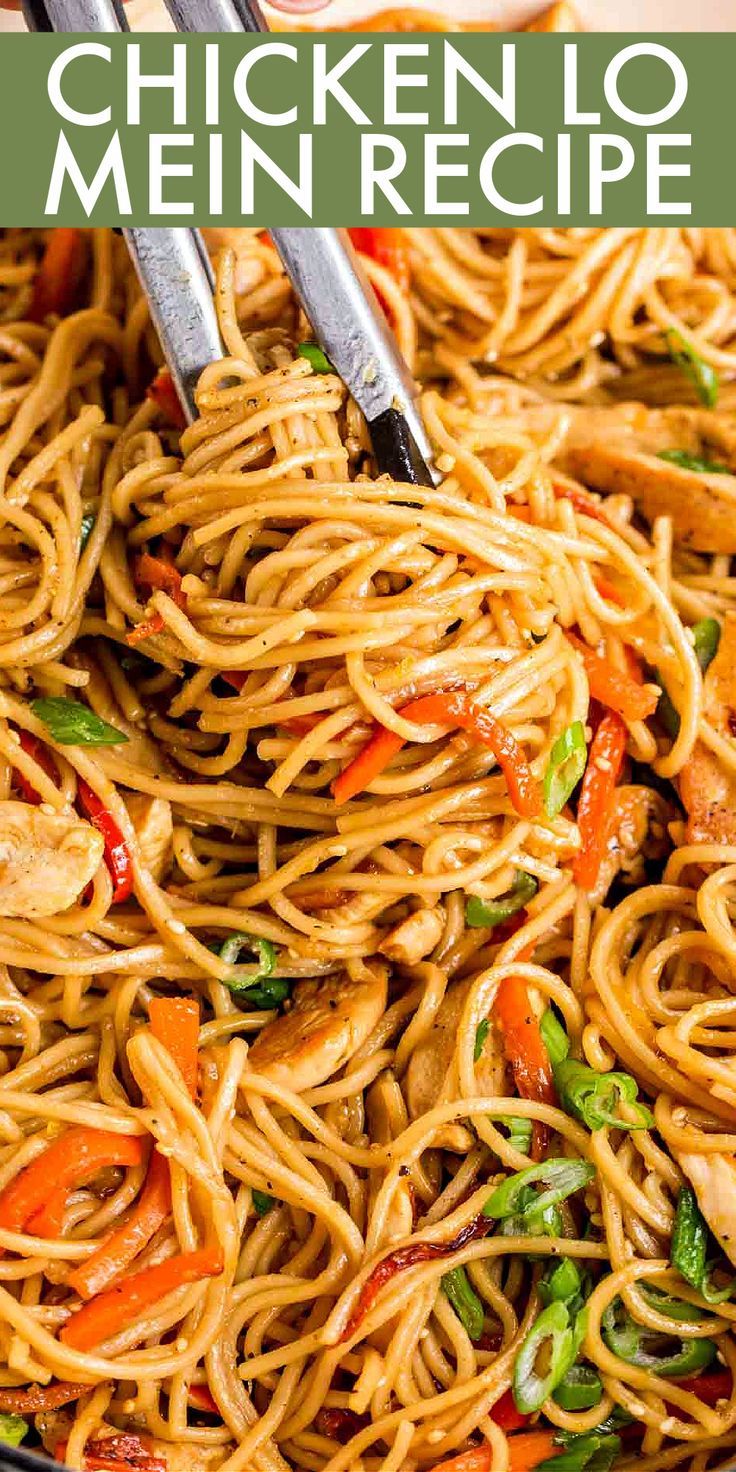 chicken lo mein in a bowl with chopsticks on top and text overlay