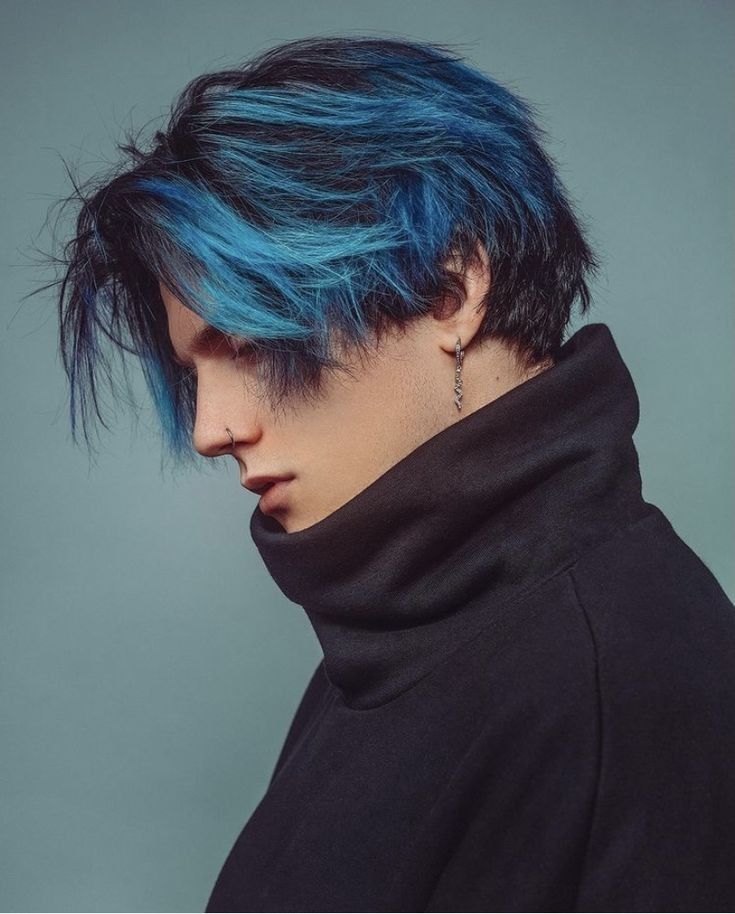 Long Colored Hair Men, Long Hair Men Highlights, Dyed Hairstyles For Men, Guy With Blue Hair Aesthetic, Men Blue Hair Color, Color Hair Ideas For Men, Men’s Blue Hair, Black Blue Hair Men, Colorful Mens Hair