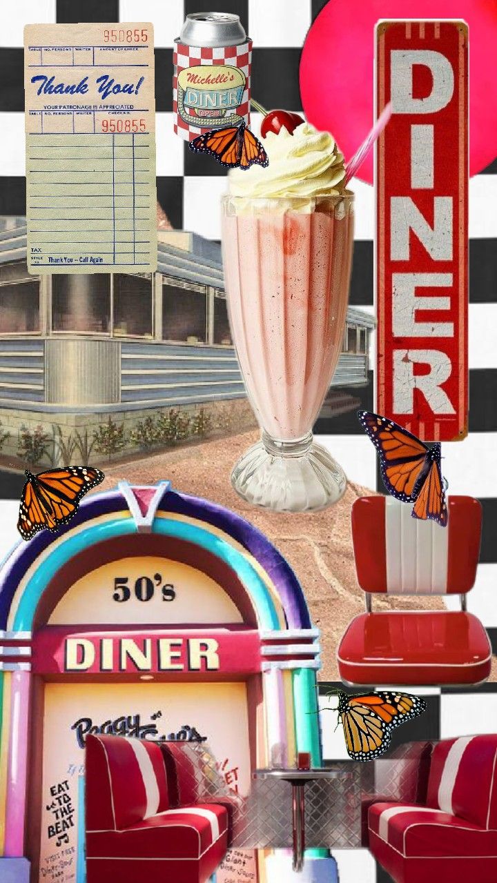 a collage of diner signs, chairs and a drink in a tall glass with whipped cream on top