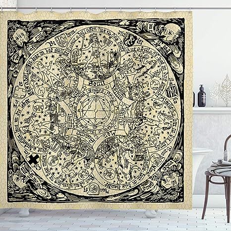 a shower curtain with an intricate design in black and white on the inside of it