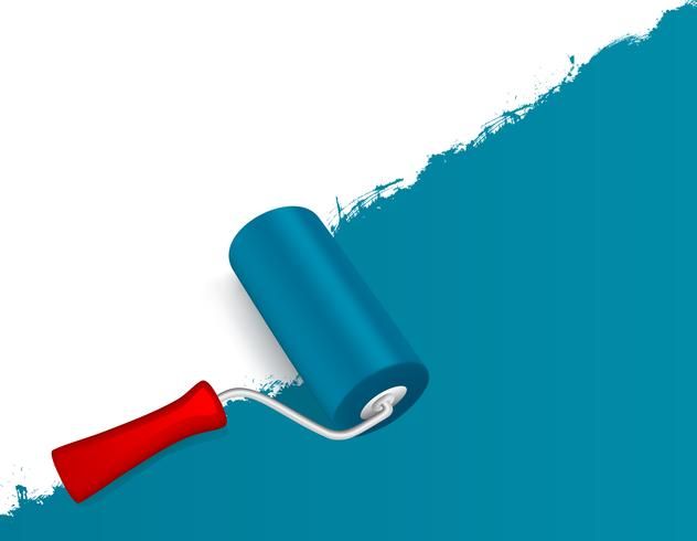 a blue paint roller with a red handle on it's side, painted in teal and white