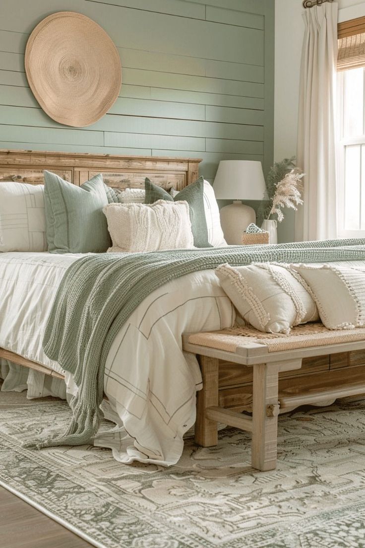 a large bed sitting in a bedroom next to a window