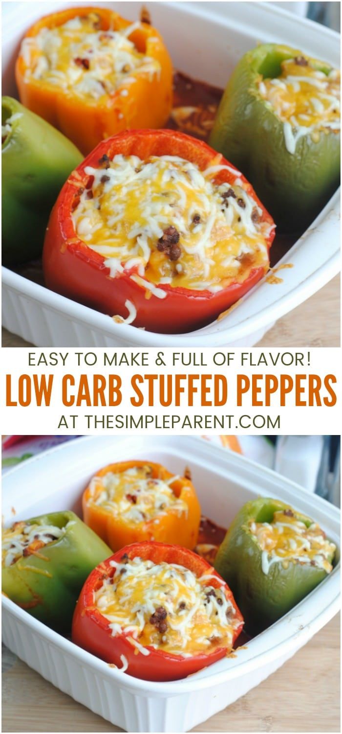 stuffed bell peppers in a casserole dish with cheese and other toppings on top