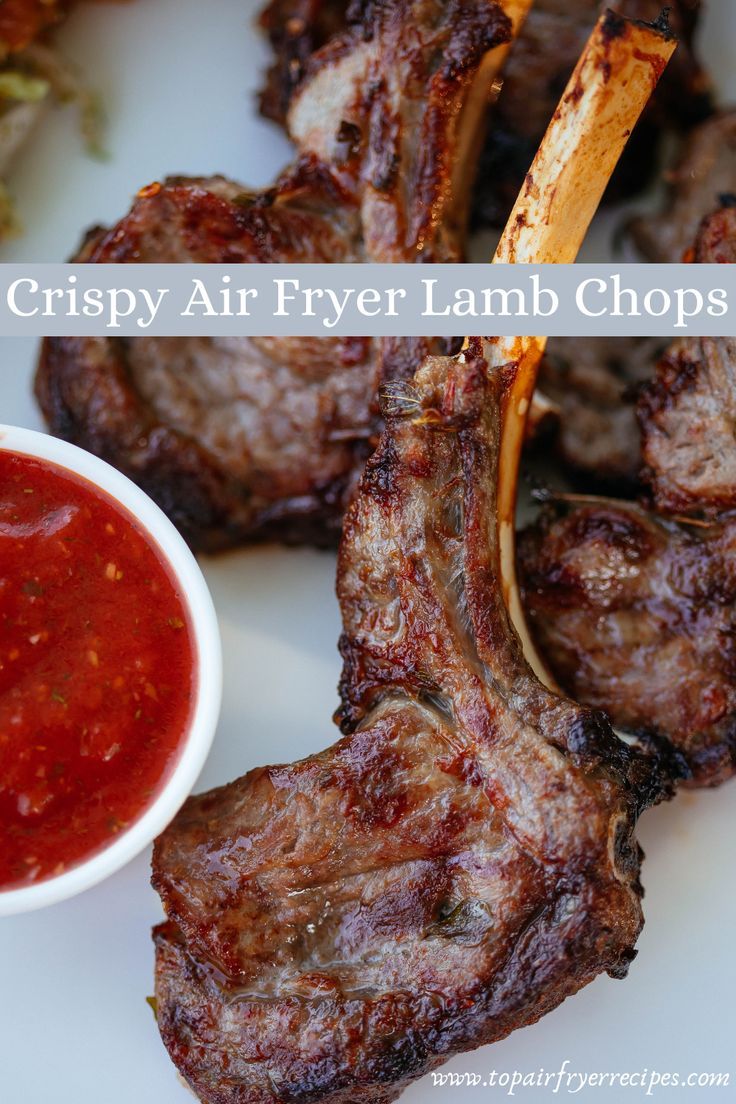 crispy air fryer lamb chops with ketchup on the side and dipping sauce