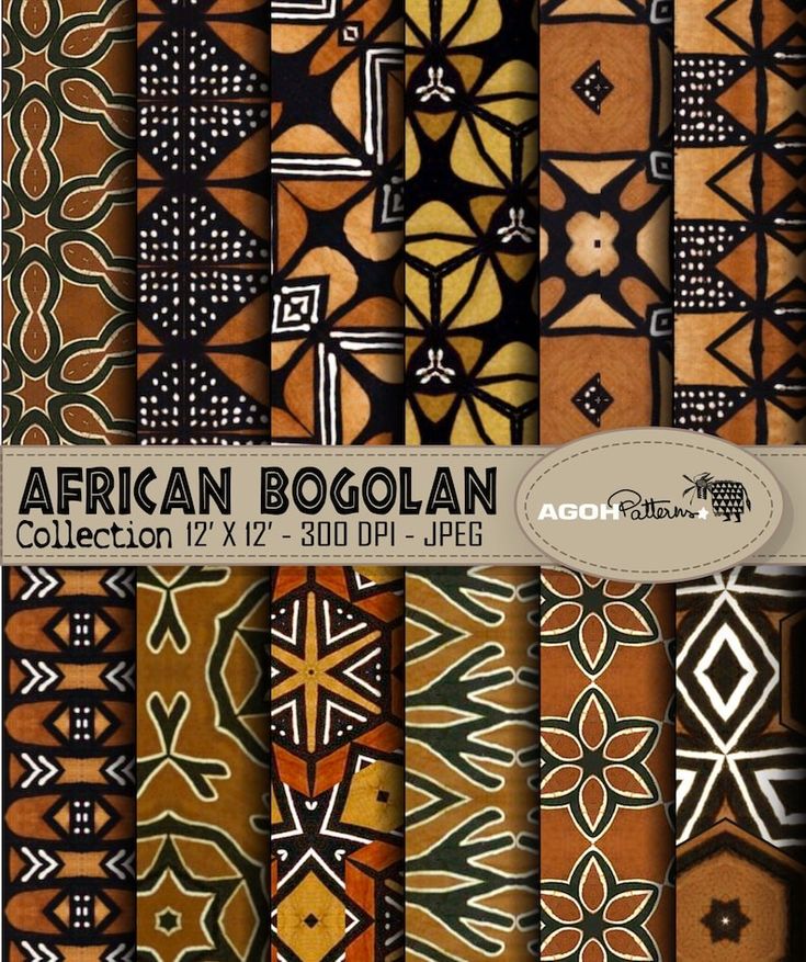 african style patterns in brown, orange and black colors with the words african booolan on