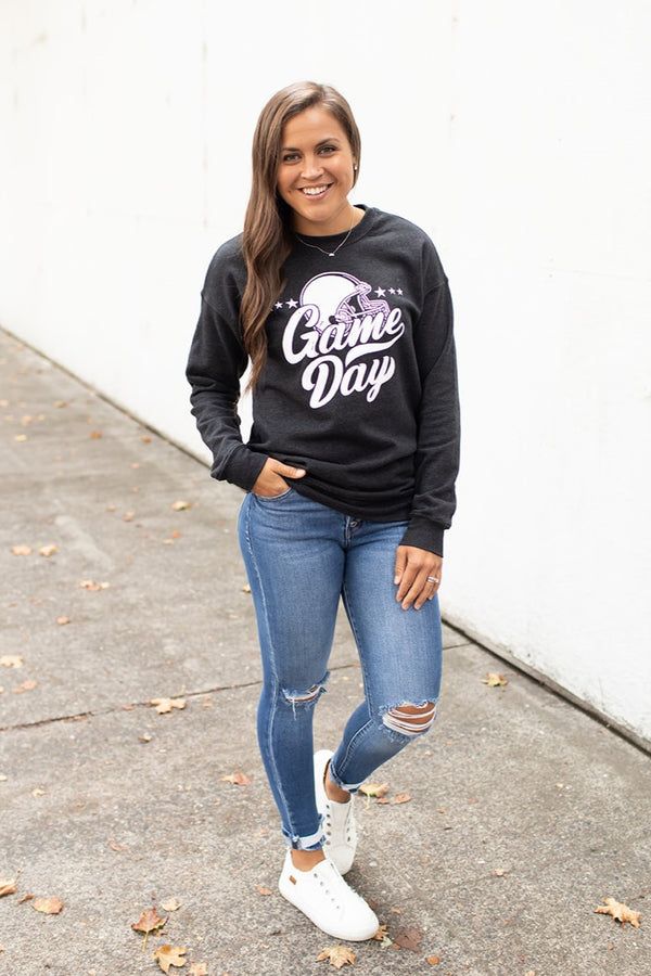 Htr Black White Game Day Sweatshirt Black Sweatshirt For Game Day In Fall, Black Long Sleeve Sweatshirt For Game Day, Oversized Trendy Sweatshirt For Game Day, Trendy Oversized Sweatshirt For Game Day, Trendy Game Day Crew Neck Sweatshirt, Trendy Crew Neck Sweatshirt For Game Day, Black College Sweatshirt With Slogan, Black Graphic Print Sweatshirt For Game Day, Black Crewneck Sweatshirt For Game Day