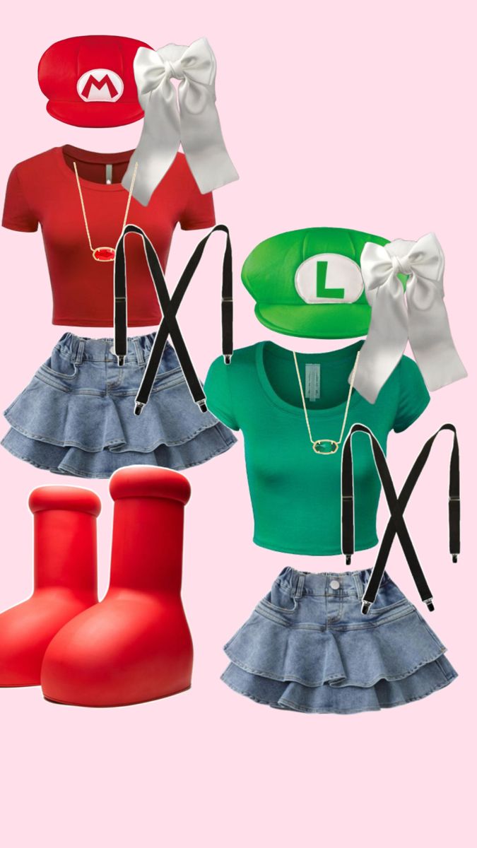 four different outfits with hats and boots on top of each other, including a green t - shirt