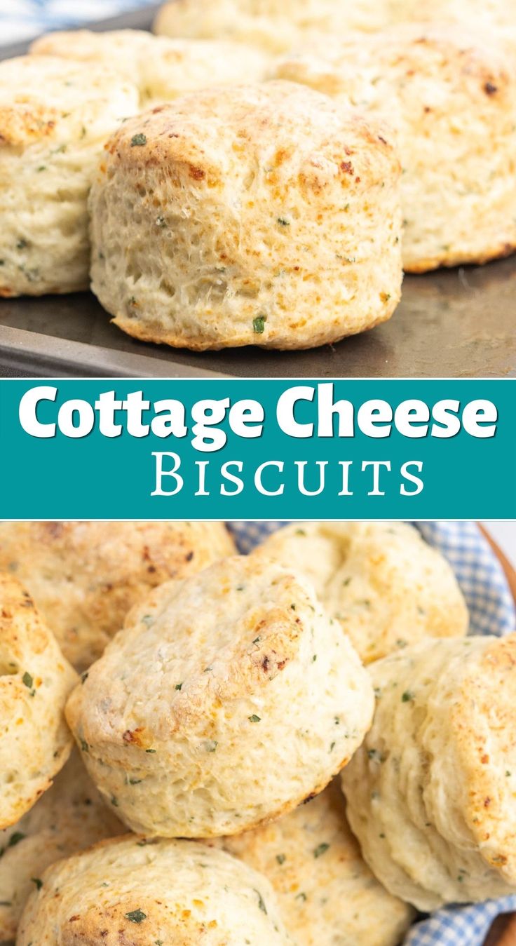 cottage cheese biscuits on a baking sheet with text overlay that reads cottage cheese biscuits