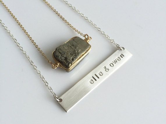 Nameplate Necklace /Silver Name Bar /Initials Necklace/Sterling Silver /Layering/ Bridesmaid Gift/ Wedding Gift/ Gift for Bride/ N116G by LEILAjewelryshop Jewelry Initials, Initial Bar Necklace, Nameplate Necklace Silver, Pyrite Stone, Initials Necklace, Gift For Bride, Nameplate Necklace, Bespoke Jewellery, Layered Jewelry