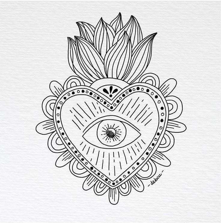 a heart with an eye in the middle and leaves around it, on a white background