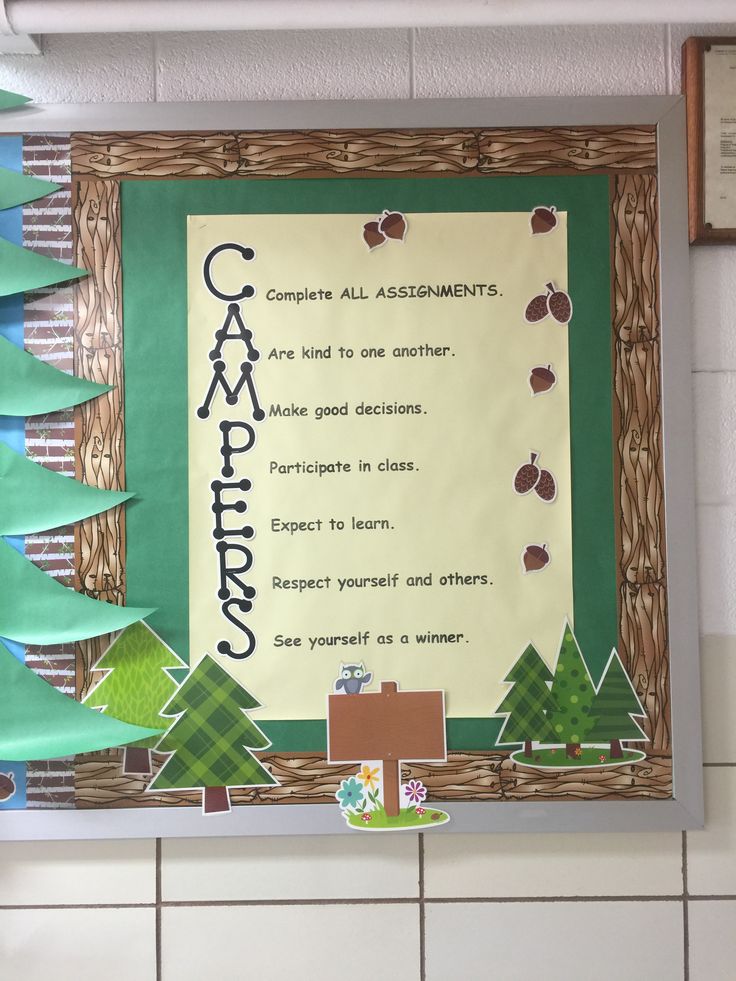 a bulletin board with trees and words on it