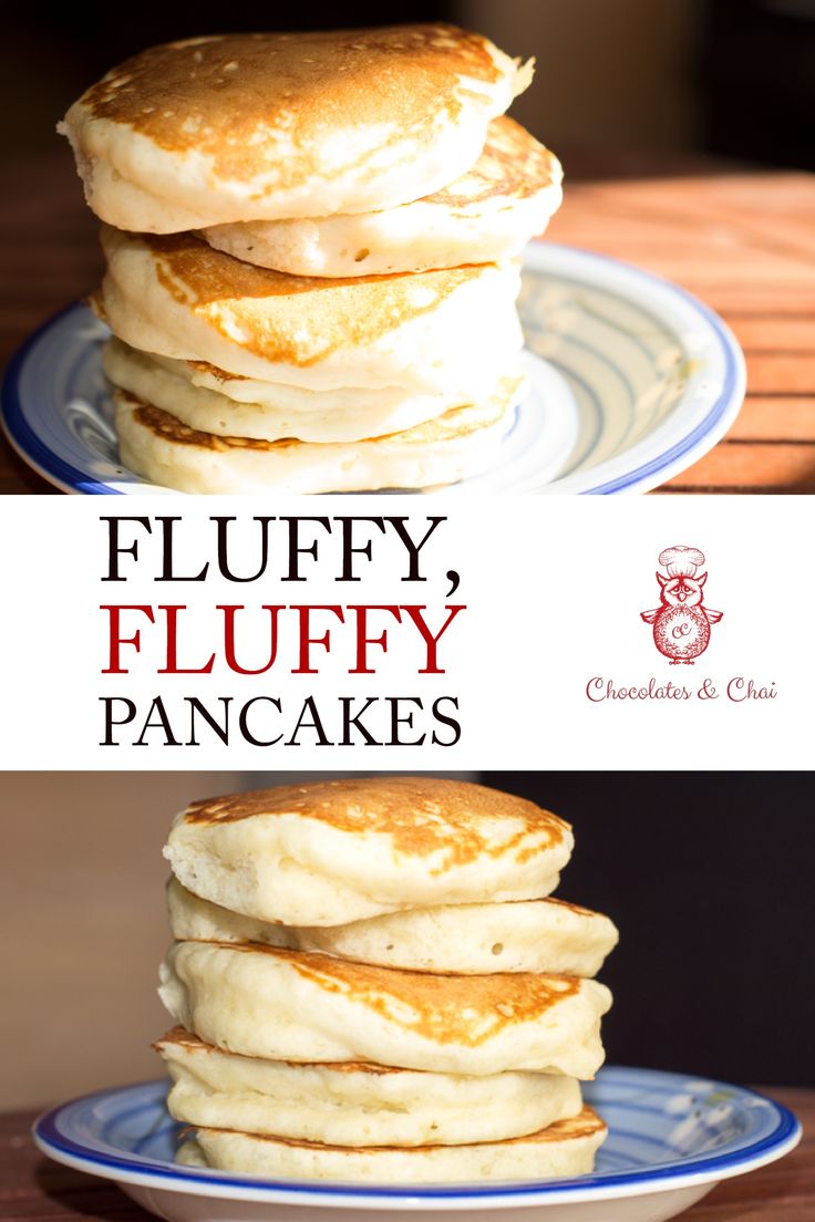 two stacks of pancakes sitting on top of each other in front of a sign that says fluffy fluffy pancakes