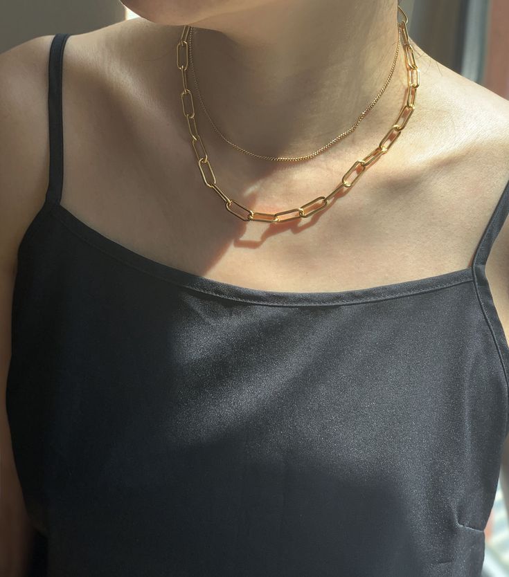 "Set necklace - Two layering necklace. - Details * 18k Gold plated - Measurements * Short necklace length: 33.5-38.5cm (Adjustable) * Long necklace length: 39-44cm (Adjustable) All jewelry are ready-for-gift, which come in beautiful packaging. [ Designed and Made in AnotherEast at New York Studio] ♥︎FOLLOW US HERE: https://www.pinterest.com/anothereast2019/ https://www.instagram.com/another.east/ * SHIPPING * All the orders will be shipped to the shipping address supplied through your Etsy Order Trendy Gold Layered Necklace With Paperclip Chain, Everyday Gold Choker Layered Necklace, Minimalist Gold Chain Choker Layered Necklace, Gold-tone Layered Choker Necklace With Clavicle Chain, Gold-tone Clavicle Chain Layered Choker Necklace, Gold-tone Layered Clavicle Chain Choker, Everyday Gold Chain Layered Choker Necklace, Everyday Chunky Chain Layered Necklace, Gold Plated Clavicle Chain Necklace For Layering