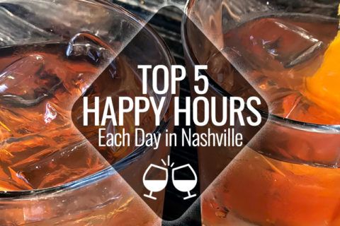 three glasses filled with drinks sitting on top of each other in front of a sign that says happy hours each day in nashville