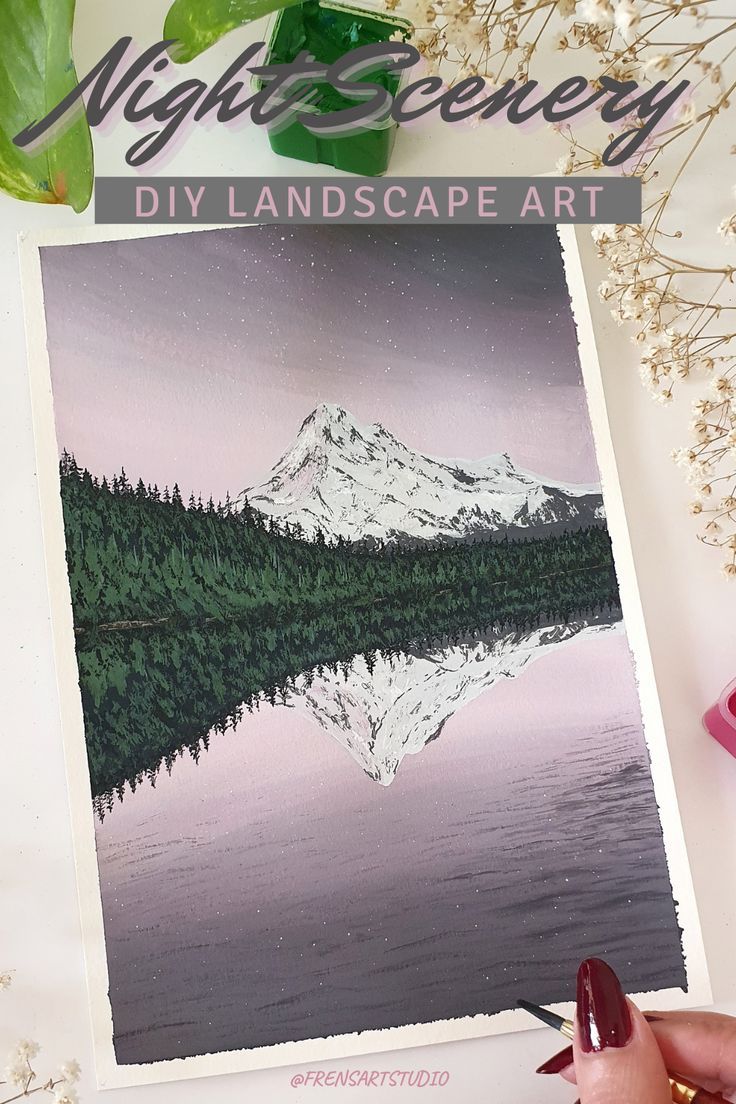 a hand holding a paintbrush next to a piece of art with the words night scene diy landscape art on it