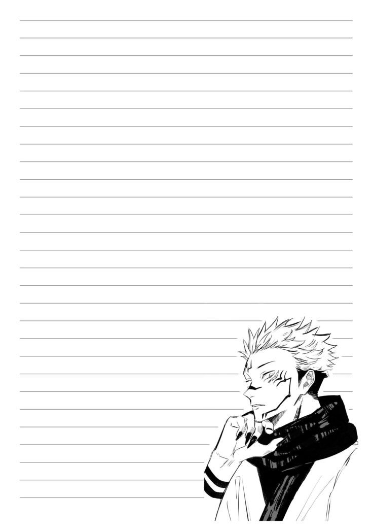 an anime character holding his hand up to his face, with lined paper in the background