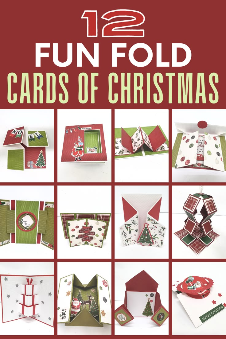 twelve christmas cards with the words 12 fun fold cards of christmas