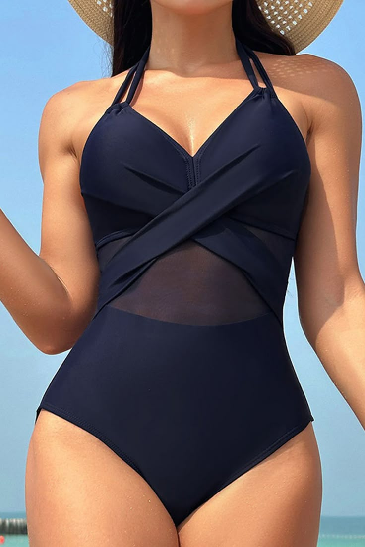 Features: Tied Chest pad: Removable padding Underwire: No underwire Stretch: Highly stretchy Material composition: 82% nylon, 18% spandex Care instructions: Machine wash cold. Tumble dry low. Imported Size Bust Waist HIP Top Length S 27.6 24.8 29.9 - M 29.1 26 31.5 - L 31.5 29.1 33.9 - XL 33.1 29.9 35.4 - 2XL 33.9 31.5 37.4 - Strappy Nylon Swimwear With Built-in Bra, Blue Nylon Swimwear With Straps, Fitted Cross-tied Beachwear Swimwear, Crisscross Lined Swimwear For Pool, Cross-tied Swimwear For Swimming, Crisscross Lined Swimwear For The Pool, Stretch Cross-tied Swimwear For Pool, Solid One-piece Swimwear With Crisscross Straps, Fitted Strappy Cross-tied Swimwear