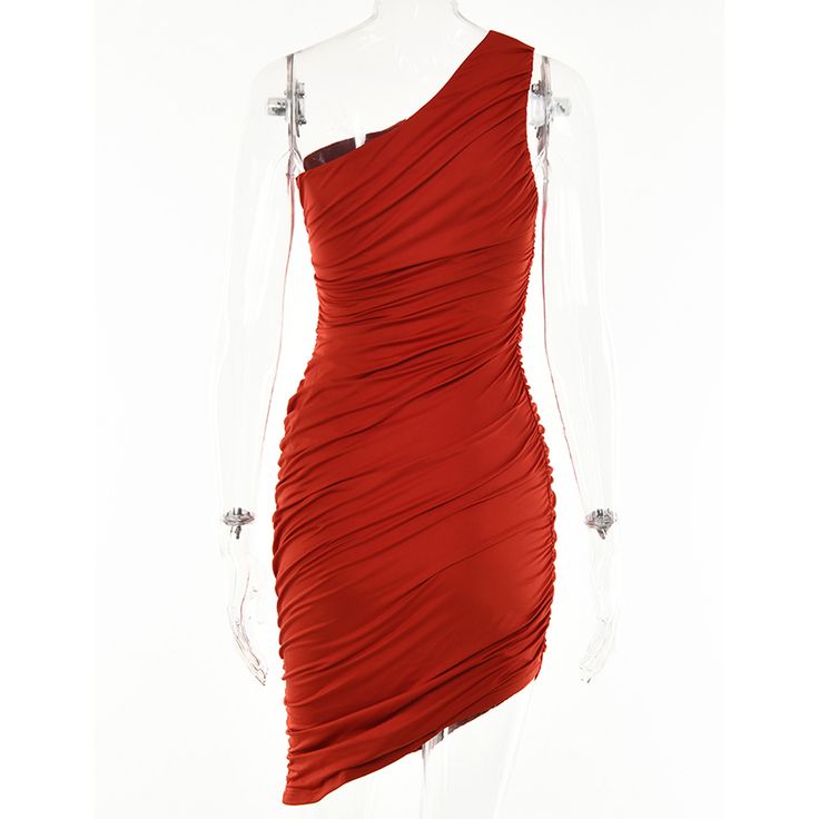 Brick Red Pleated One-shoulder Bodycon Dress Red Ruched One-shoulder Party Dress, Red Ruched One Shoulder Party Dress, Red Bodycon Dress With Asymmetrical Neckline For Party, Red One Shoulder Dress For Summer Nights, Red One-shoulder Dress For Formal Summer Events, Red One Shoulder Bodycon Evening Dress, Red Off-shoulder Cocktail Bodycon Dress, Red Off-shoulder Bodycon Dress For Cocktail, Red Ruched Dress With Asymmetrical Neckline